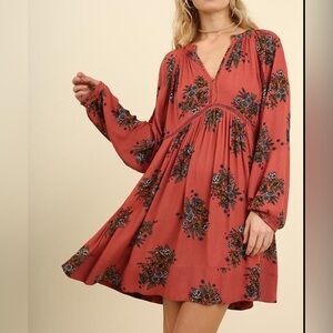 Umgee Boho Floral Peasant Dress Size Large Burnt Orange Long Sleeve Fairygoth